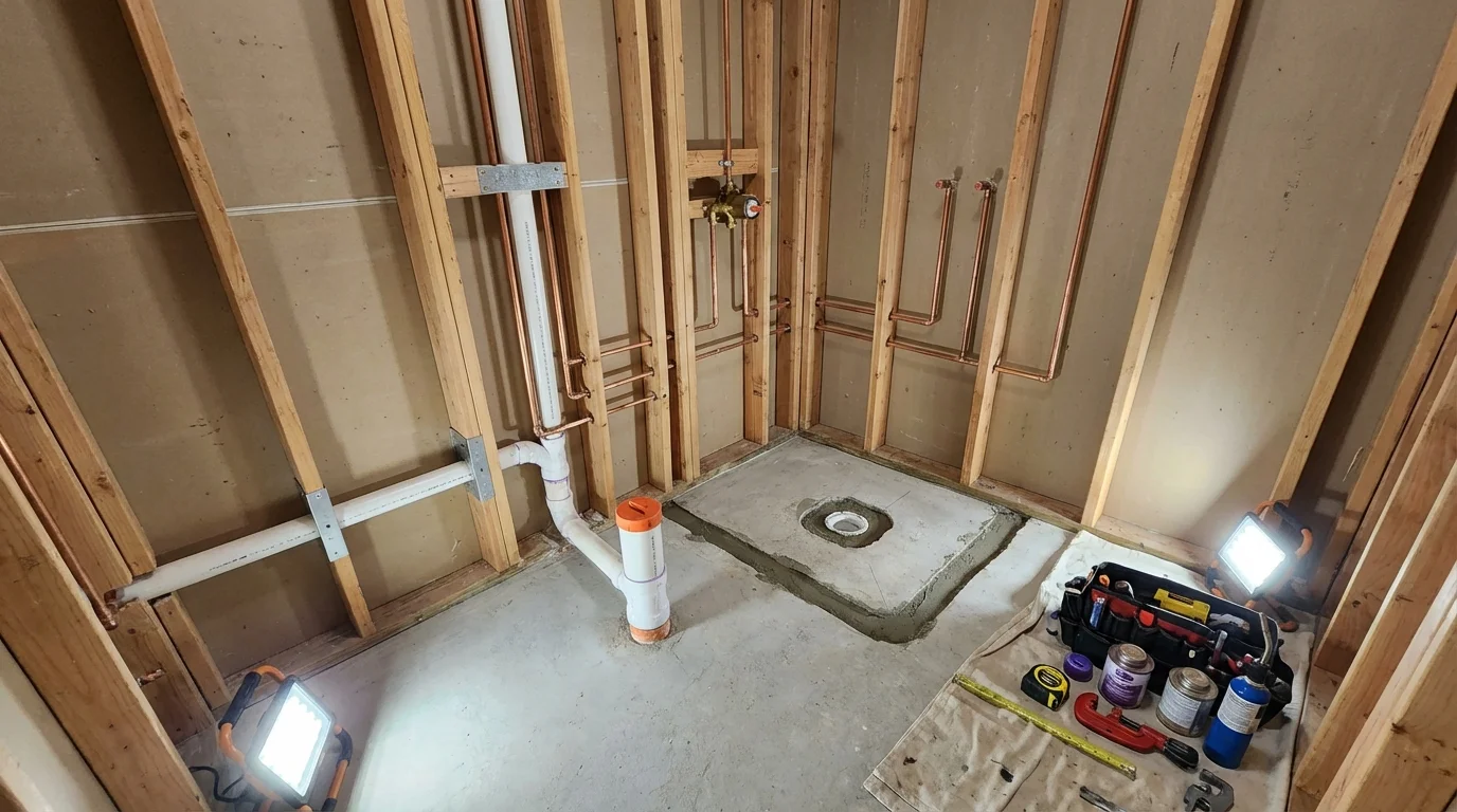 Bathroom rough-in plumbing during remodel by Johns Plumbing LLC in Housatonic