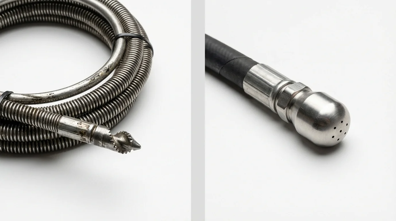 Drain snake cable and hydro jetting nozzle used for drain cleaning in Housatonic, MA
