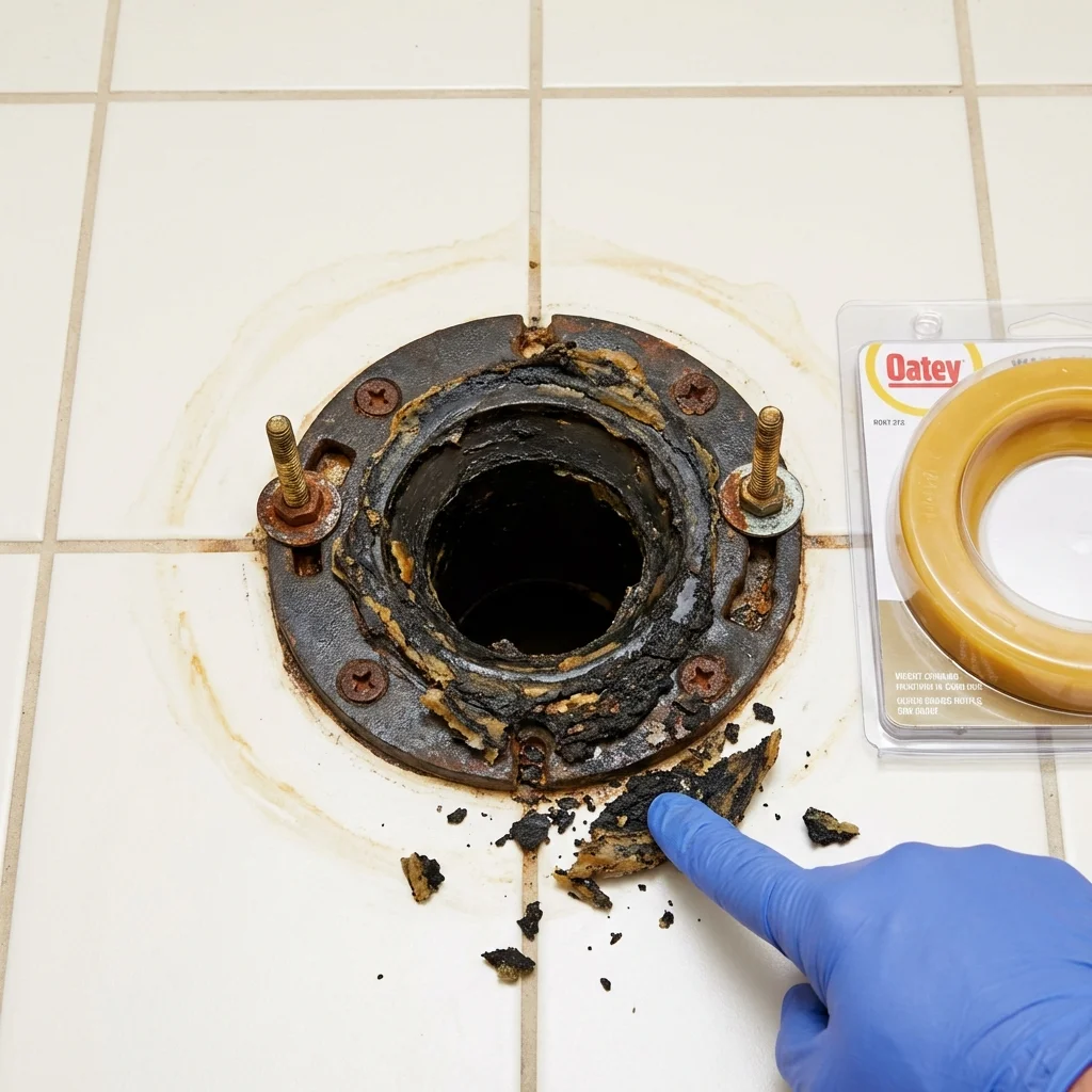 Failed wax ring showing water seepage at the base of a toilet in a Housatonic, MA home