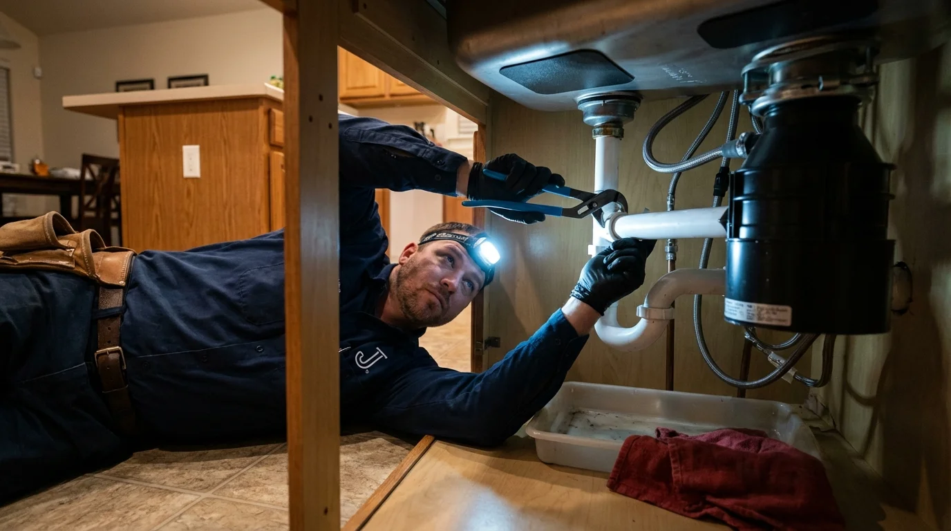 P-trap and supply line connections under a kitchen sink showing a common leak point in Housatonic, MA